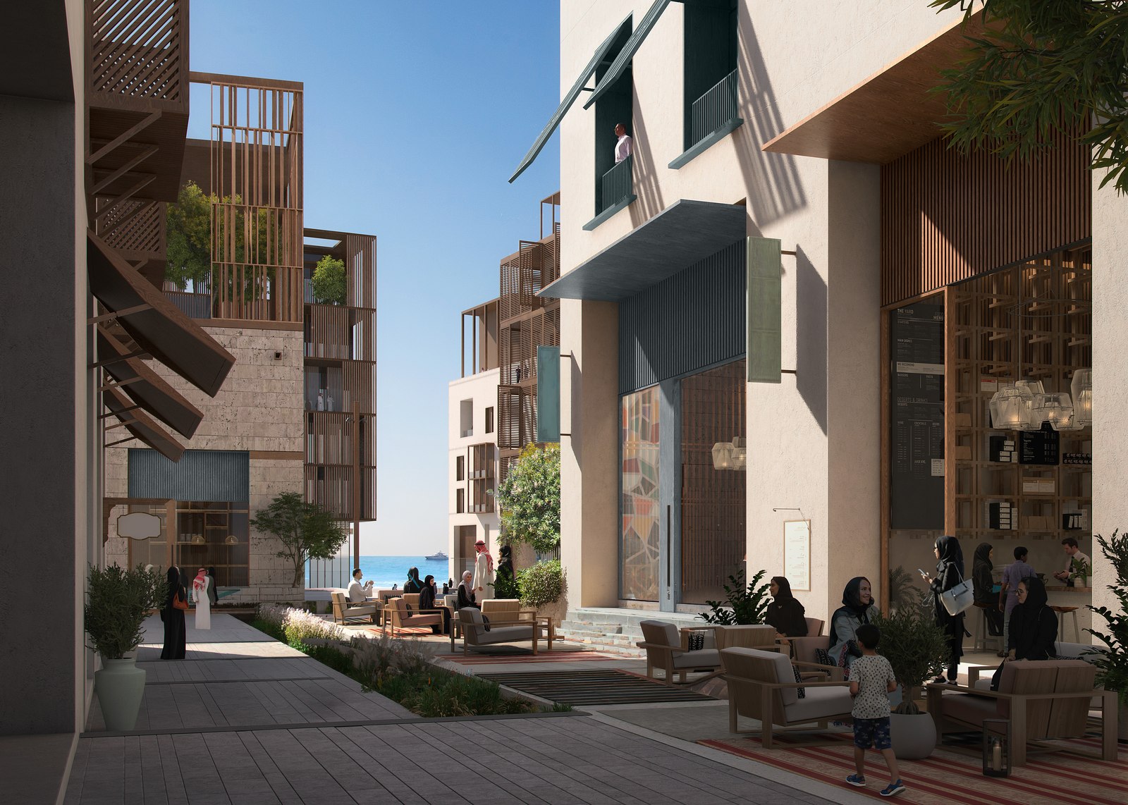 Официальная визуализация пешеходной улицы Jeddah Central, выходящей к морю.